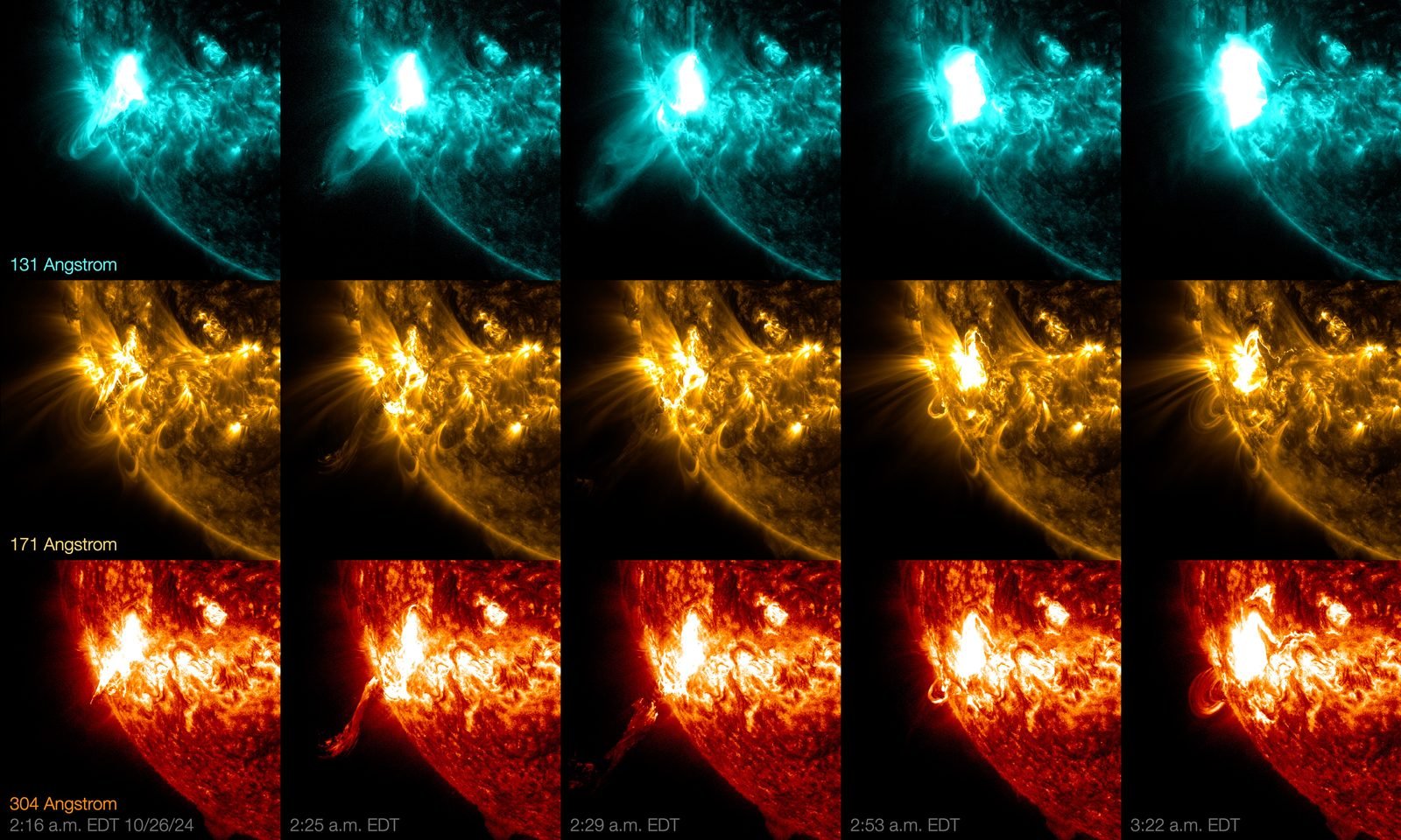 Fulguración solar de clase X vista en tres longitudes de onda del ultravioleta extremo.